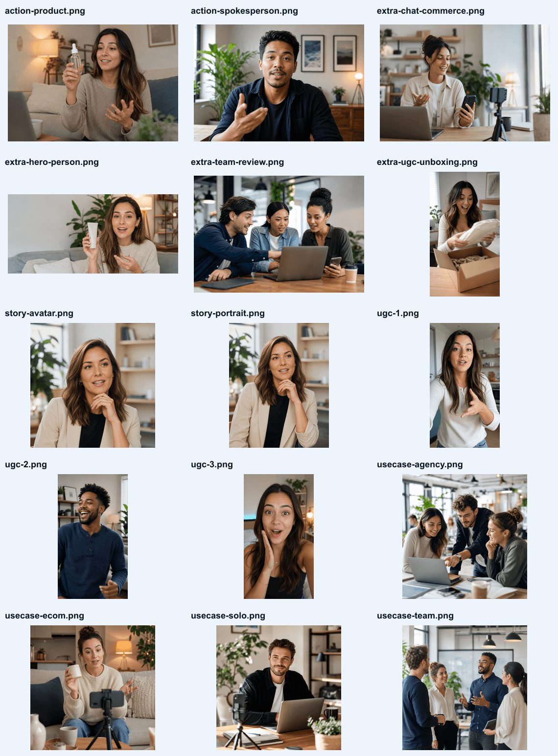 Illustrative MediaGlow creative workflow showing several generated content formats