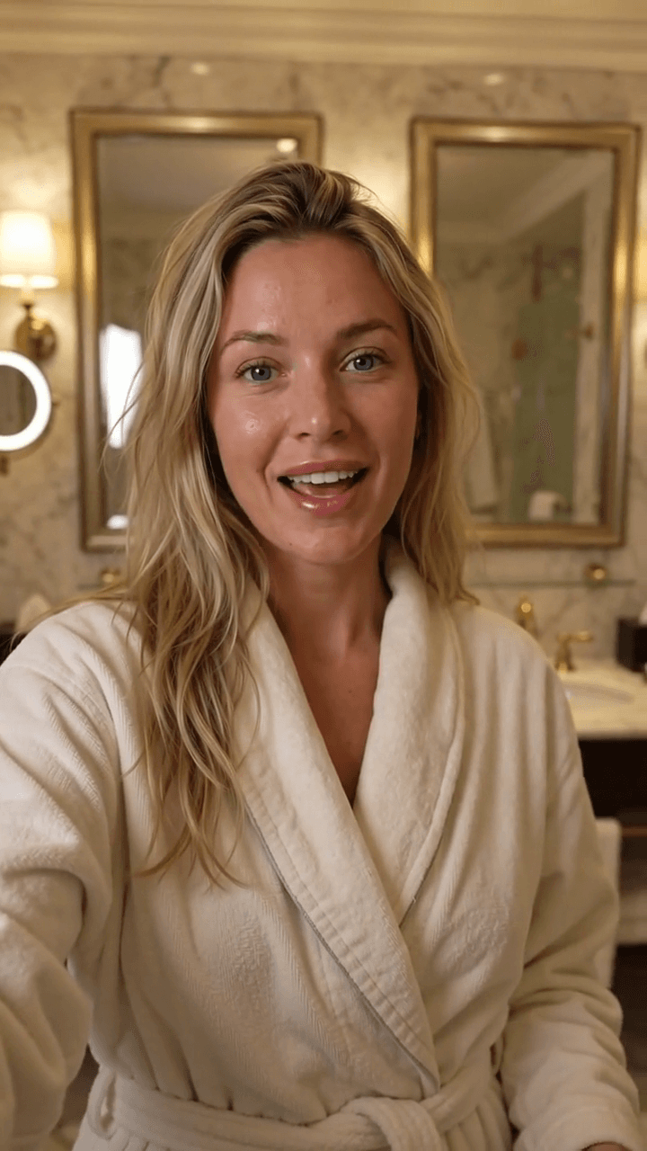 AI-generated blonde woman spokesperson presenting a brand video