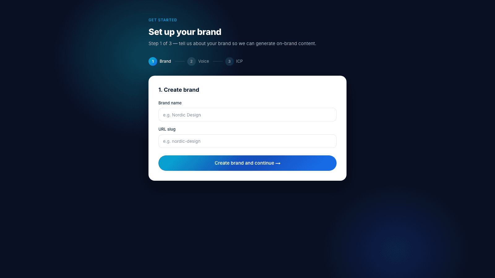 MediaGlow onboarding screen for setting up your brand